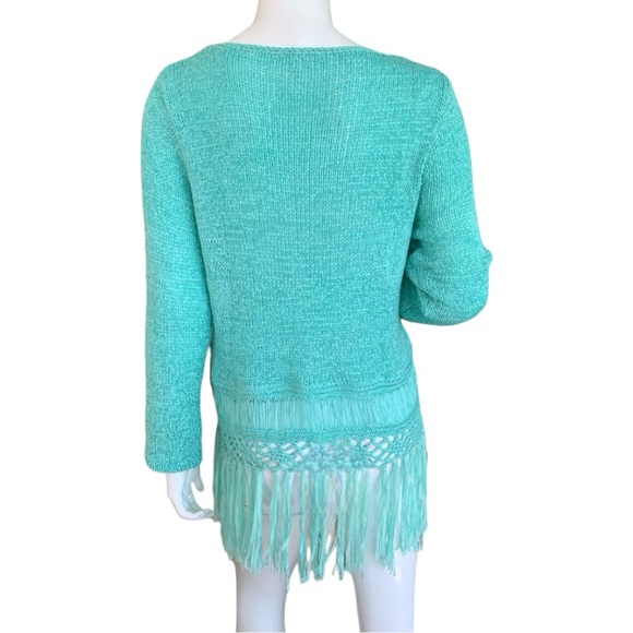 VENUS TURQUOISE KNIT SWEATER WITH CROCHETED FRINGE. WOMEN’S SIZE MEDIUM - Picture 3 of 9